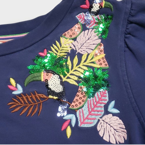 Boden Ramona Blue Toucan Embroidered Sequin Sweatshirt Dress Puff Sleeve US 10 - Picture 7 of 11